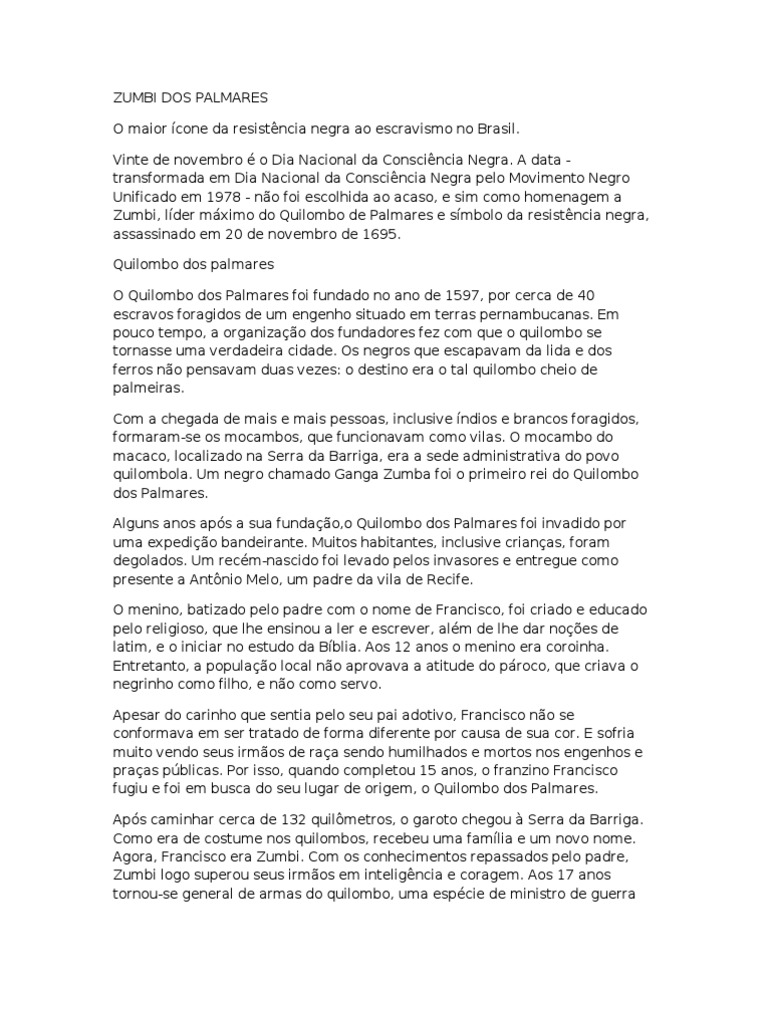 Zumbi dos Palmares: Símbolo de Resistência | PDF | Escravidão ...