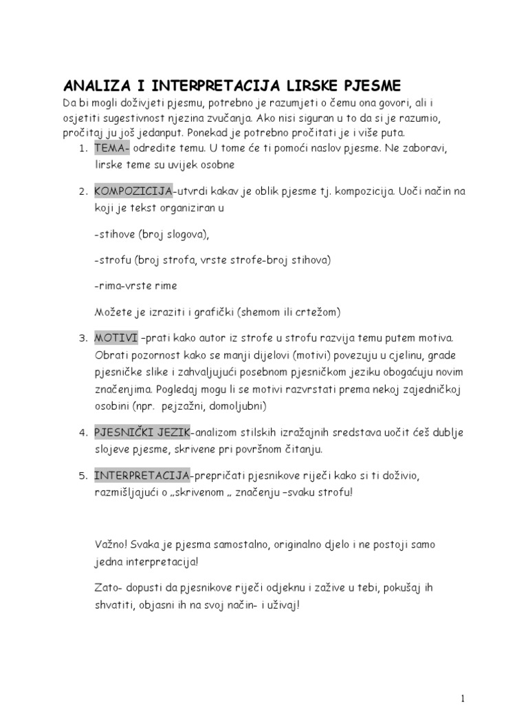 Analiza I Interpretacija Lirske Pjesm13 | PDF