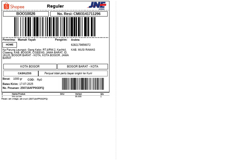 Pengiriman JNE Parung untuk Andeta | PDF