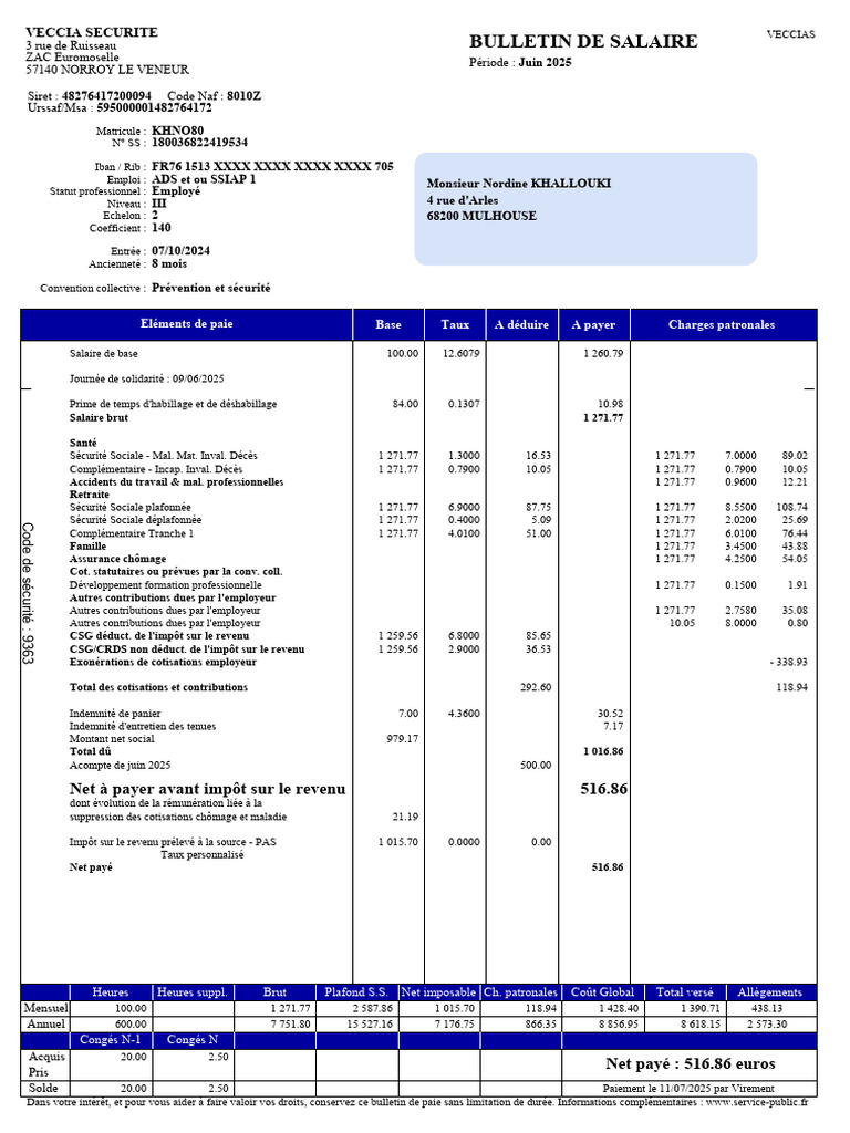 Bulletin de salaire juin 2025 | PDF | Impôt sur le revenu | Bulletin de ...