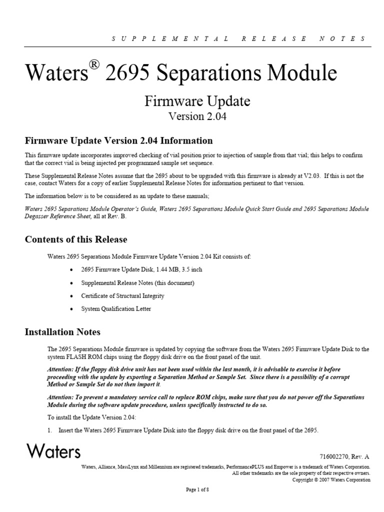 Waters 2695 Firmware Update 2.04 Guide | PDF | Valve | Floppy Disk