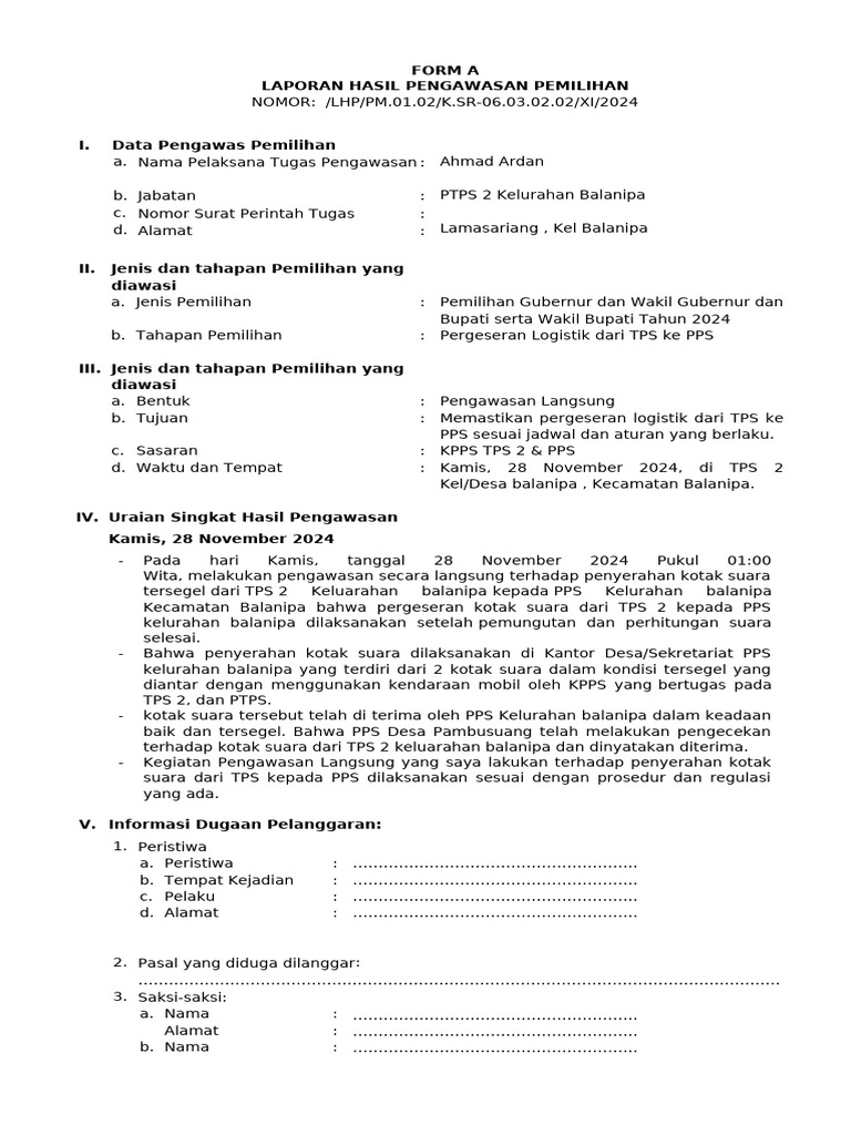 FORM A PILKADA 28 November 2024 Pergeseran Logistik TPS Ke PPS | PDF