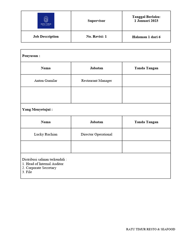 Job Description Supervisor Resto | PDF