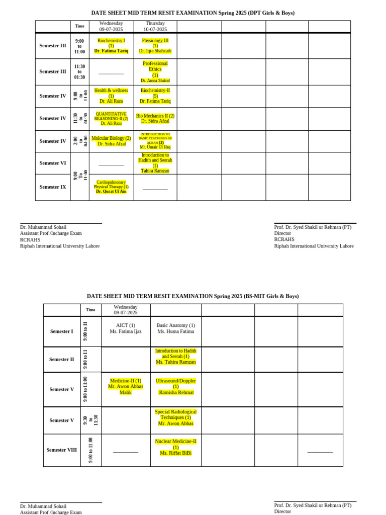 Spring 2025 Mid Term Resit Exam Schedule | PDF