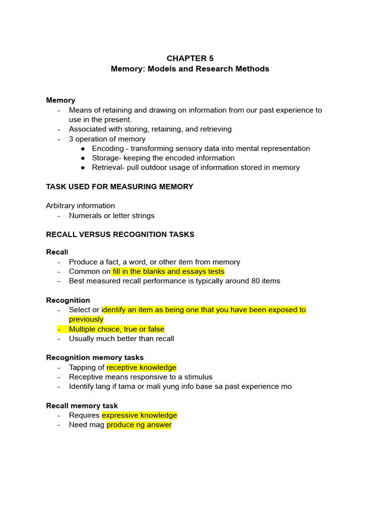 Memory Models and Research Methods | PDF | Memory | Recall (Memory)