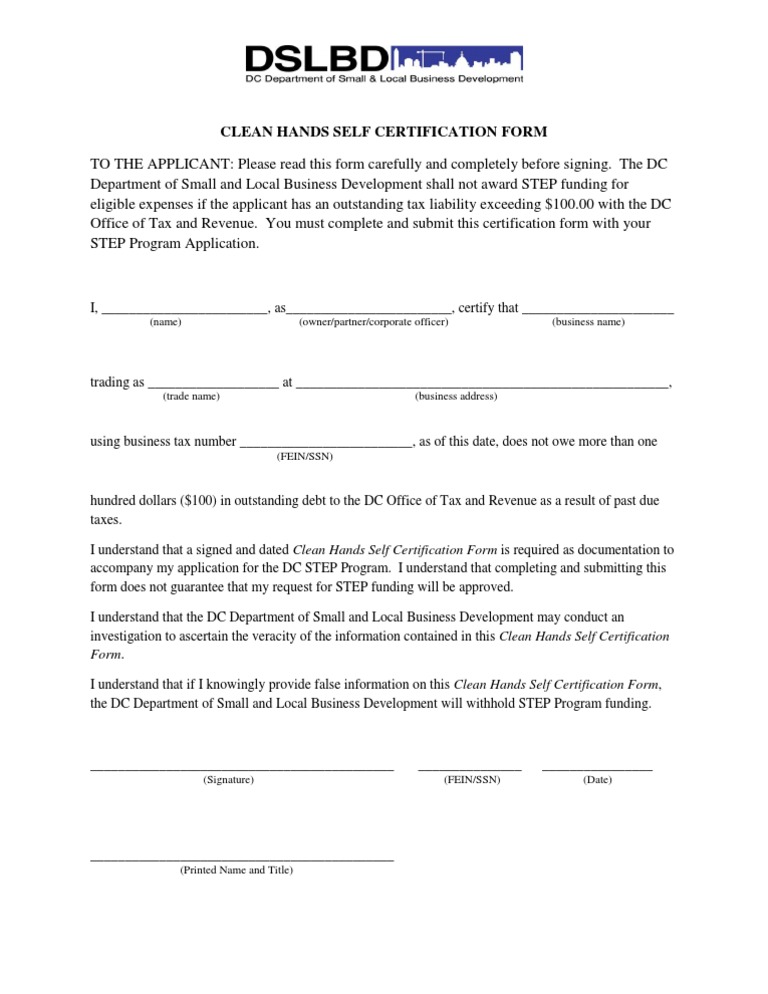 STEP GRANT Clean Hands Self Certification | PDF