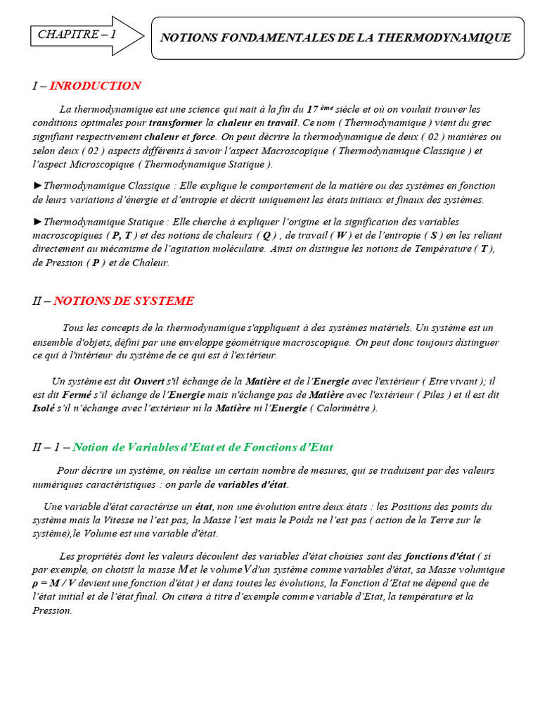 Notions Fondamentales de Thermodynamique | PDF | Thermodynamique | Chaleur