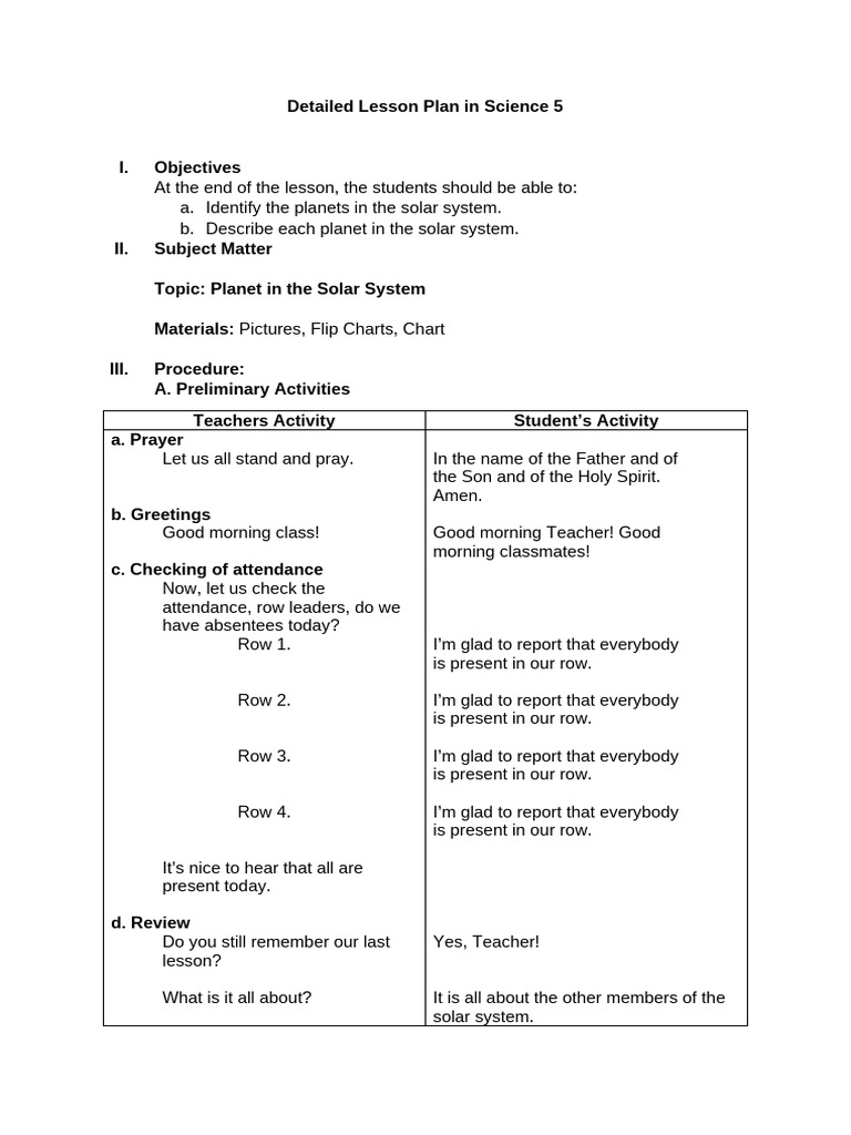 Lesson Plan: Solar System for Grade 5 | PDF | Planets | Solar System