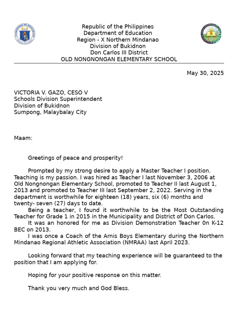 Master Teacher I Application Letter | PDF