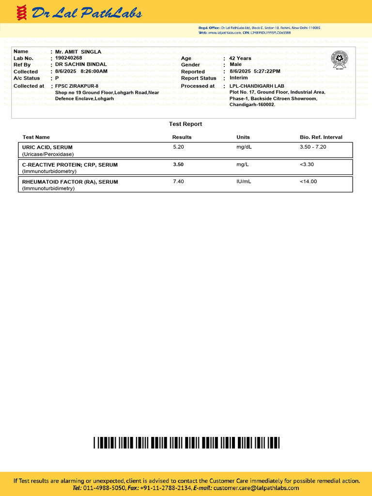 Interim Lab Report for Amit Singla | PDF | Medical Specialties ...