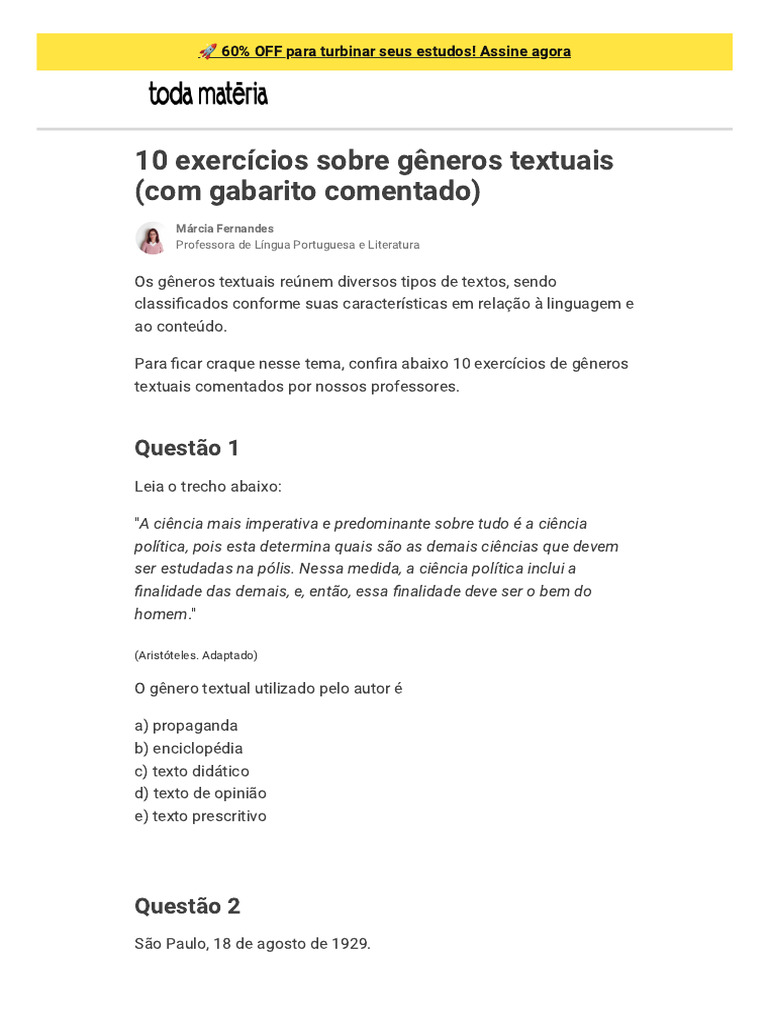 10 Exercícios Sobre Gêneros Textuais (Com Gabarito Comentado) - Toda ...