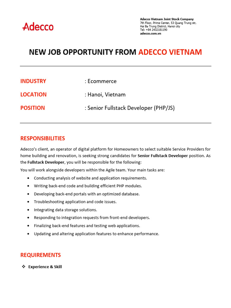 Senior Fullstack Developer Job in Hanoi | PDF | Databases | Php