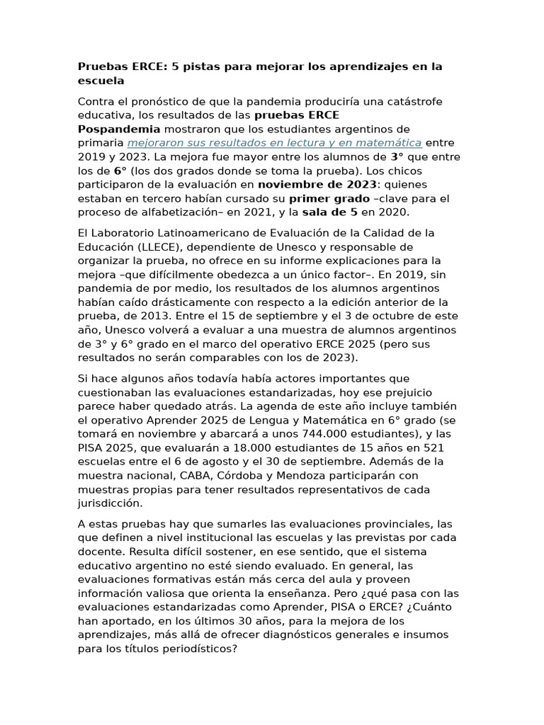 Mejora de Aprendizajes en Pruebas ERCE | PDF | Enseñando | Aprendizaje