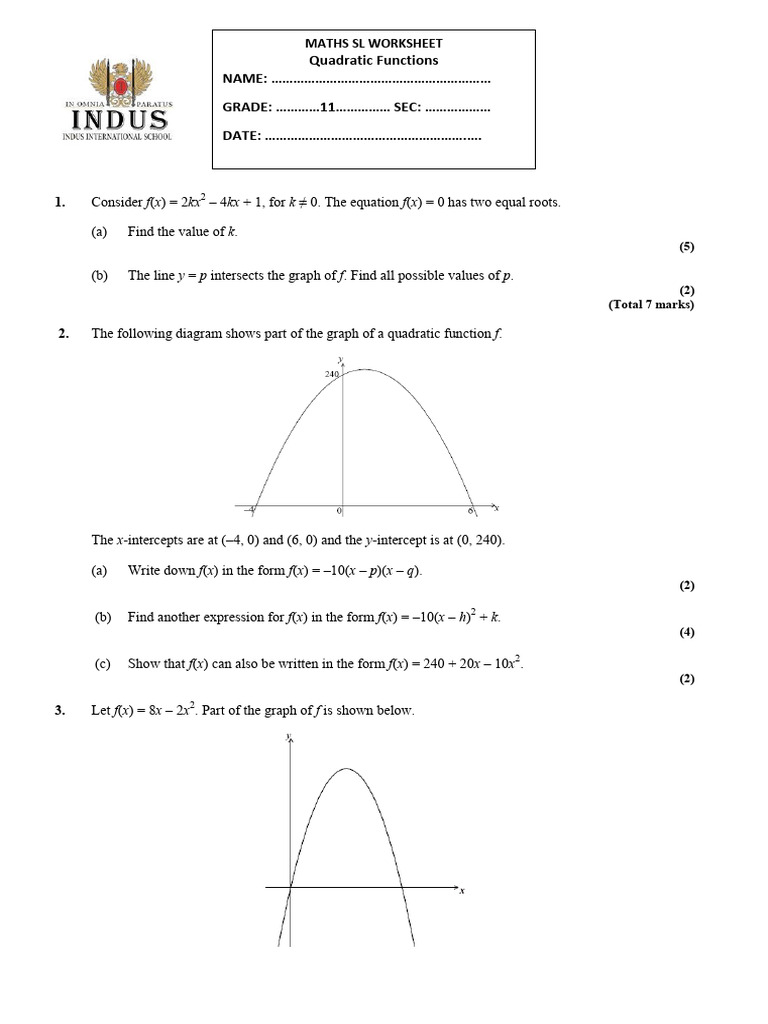 Quadratic Functions Worksheet Solutions | PDF | Quadratic Equation ...