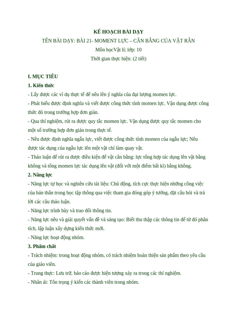 Kế Hoạch Bài Dạy 21 KNTT. Vật Lí 10 | PDF