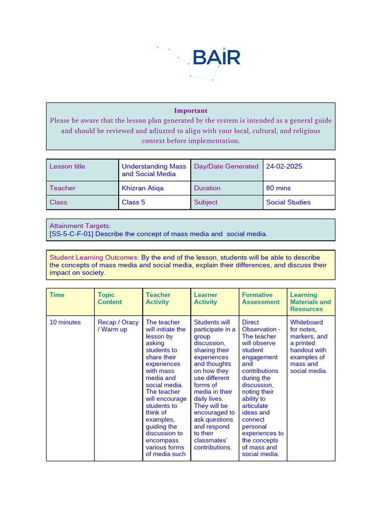 Class 5 Lesson on Media Concepts | PDF | Lesson Plan | Learning
