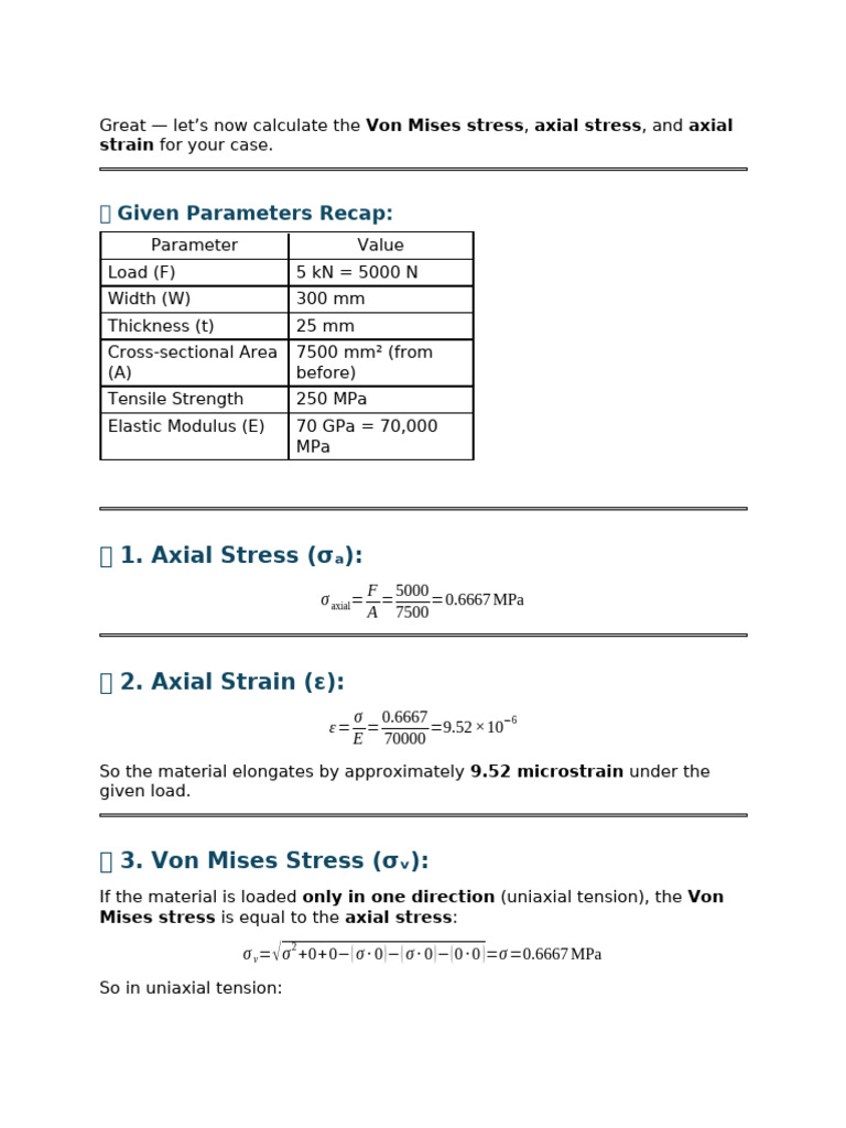 Calculation On Von Mises Stress, Axial Stress, and Axial Strain | PDF