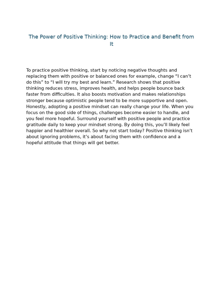 Harnessing Positive Thinking Benefits | PDF