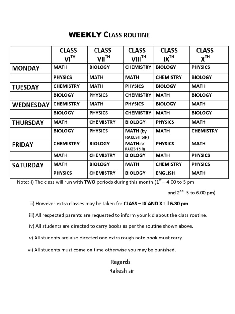Weekly Class Schedule for Students | PDF