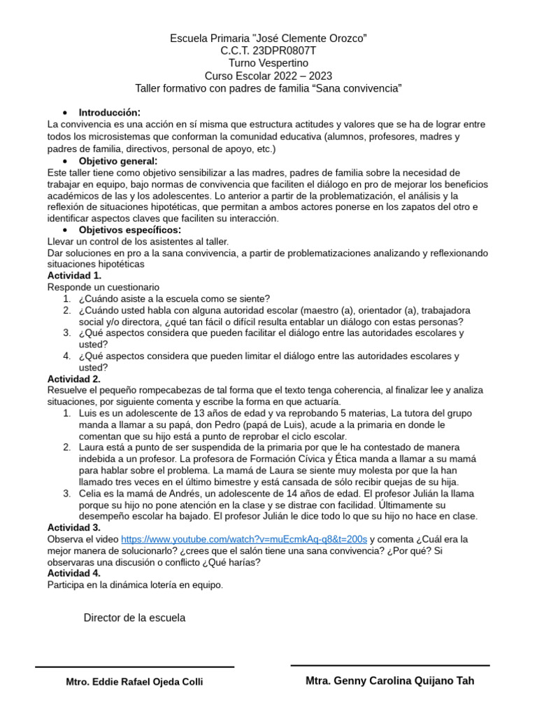 Taller de Sana Convivencia Escolar | PDF | Escuelas