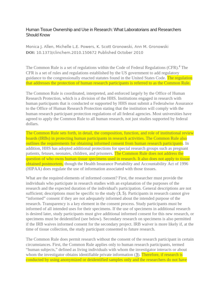 Human Tissue Ownership and Use in Research | PDF