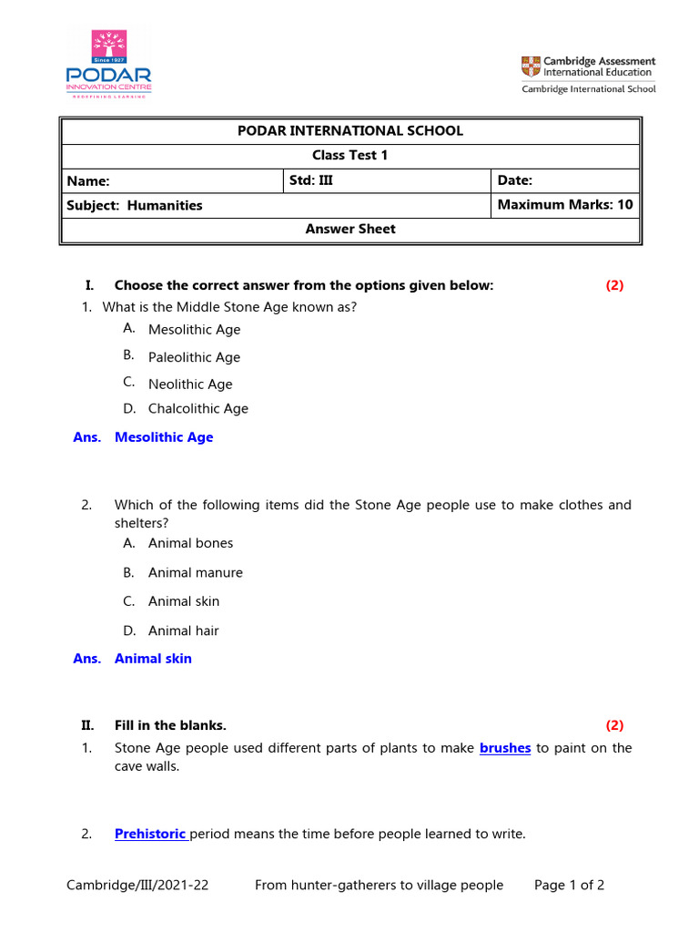 Answer Scheme - Class Test 1 Humanities | PDF