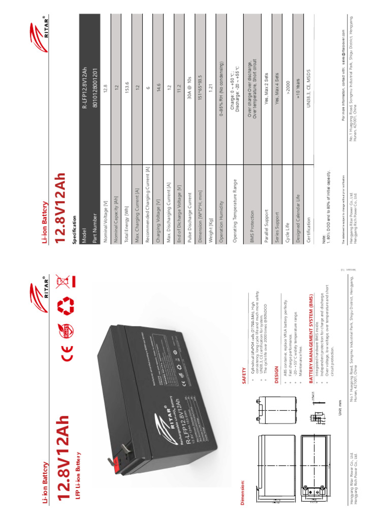 12.8V Lithium Ion Battery Specifications | PDF | Lithium Ion Battery ...