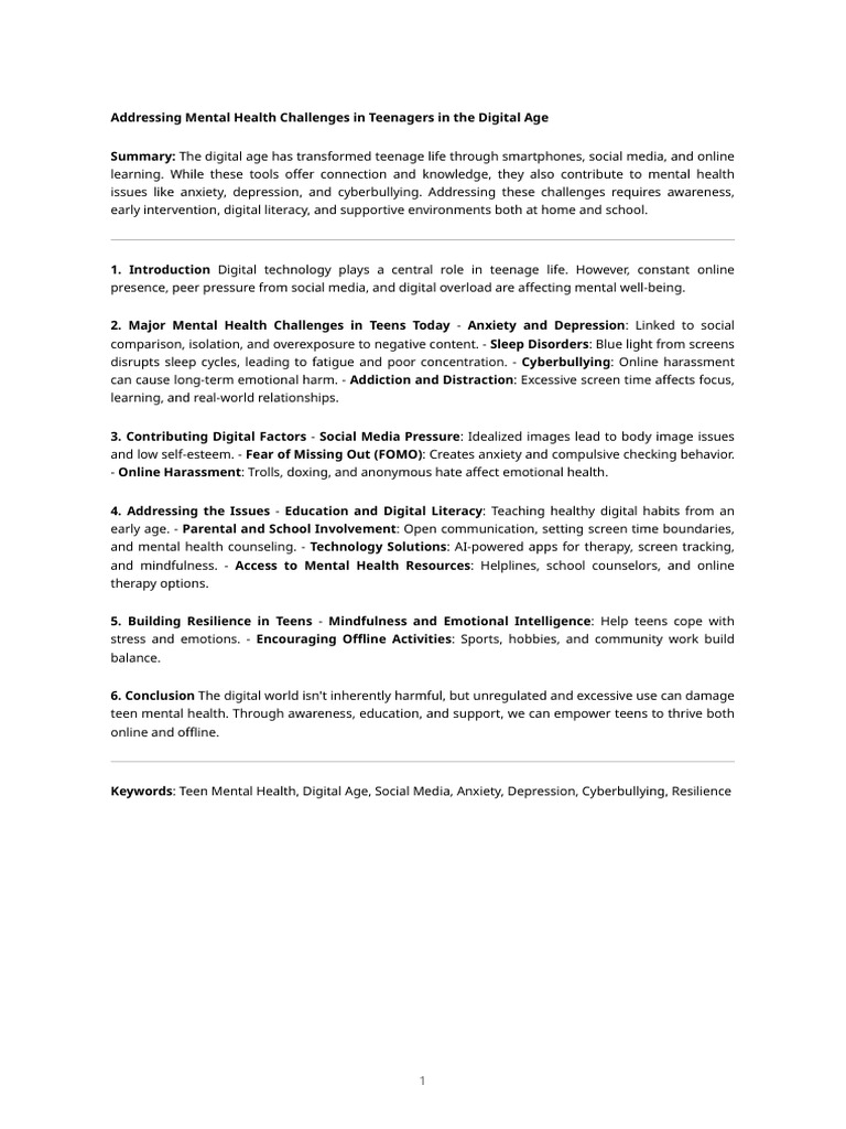 Teen Mental Health in the Digital Age | PDF