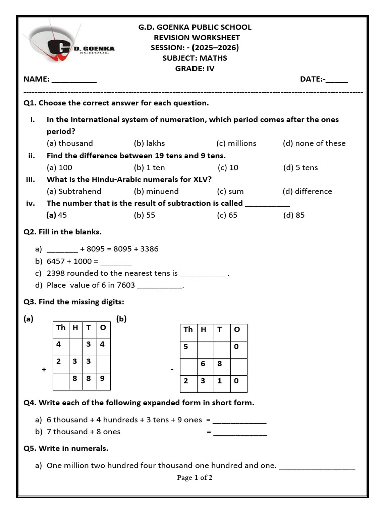 Grade IV Maths Revision Worksheet | PDF | Subtraction | Mathematics
