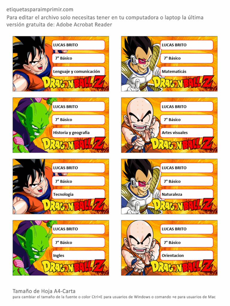 Etiquetas Escolares Dragon Ball para Imprimi 1 | PDF