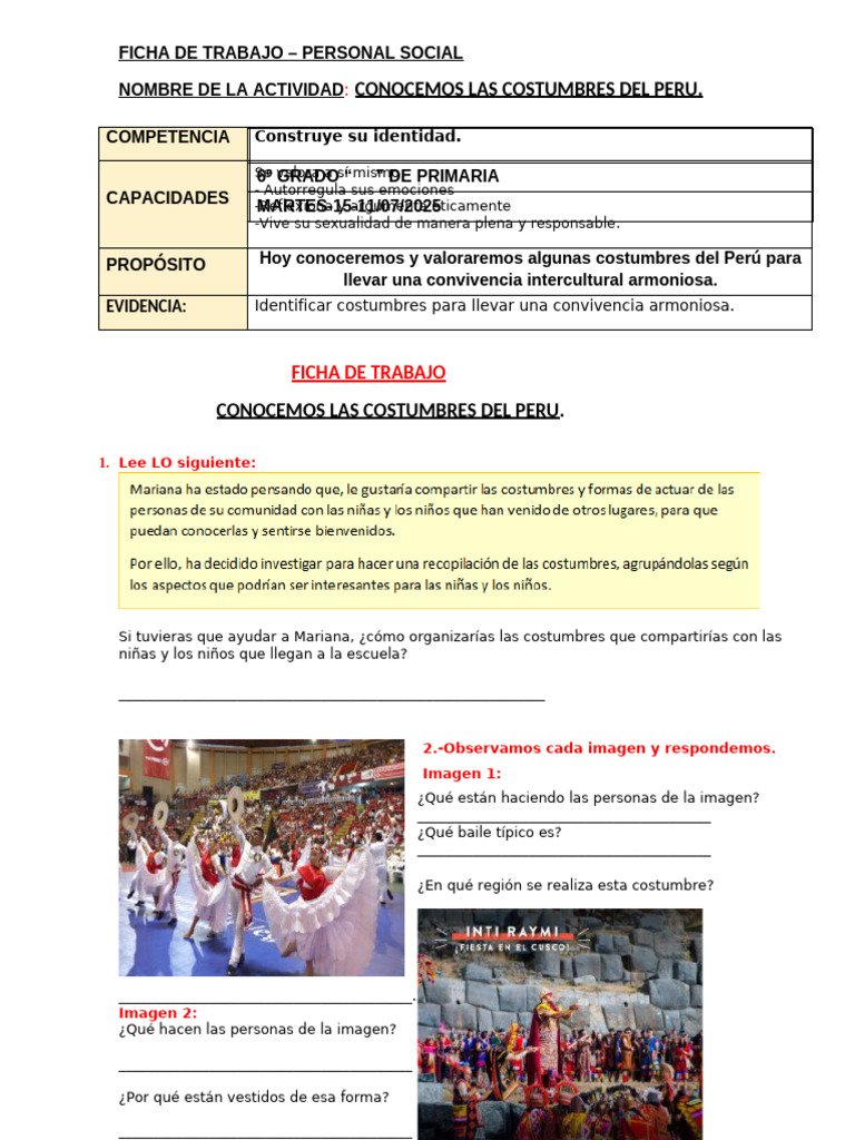 Ficha de Trabajo de Personal Social - Martes-15!07!2025 | PDF | Perú