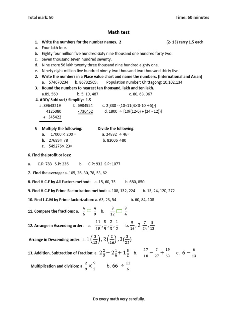 Math Test | PDF | Subtraction | Arithmetic