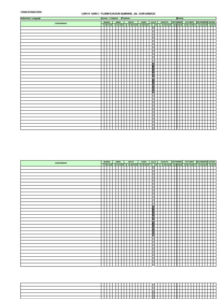 Carta Gantt Planificación Semanal De Contenidos: Profesor 