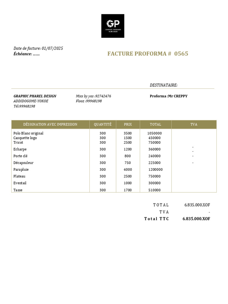 Facture Proforma #0565 - Graphic Pharel Design | PDF