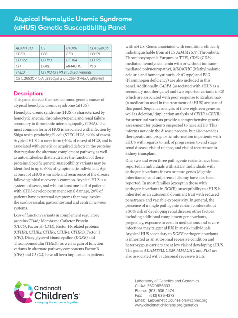 aHUS Genetic Susceptibility Panel | PDF | Medical Specialties | Genetics