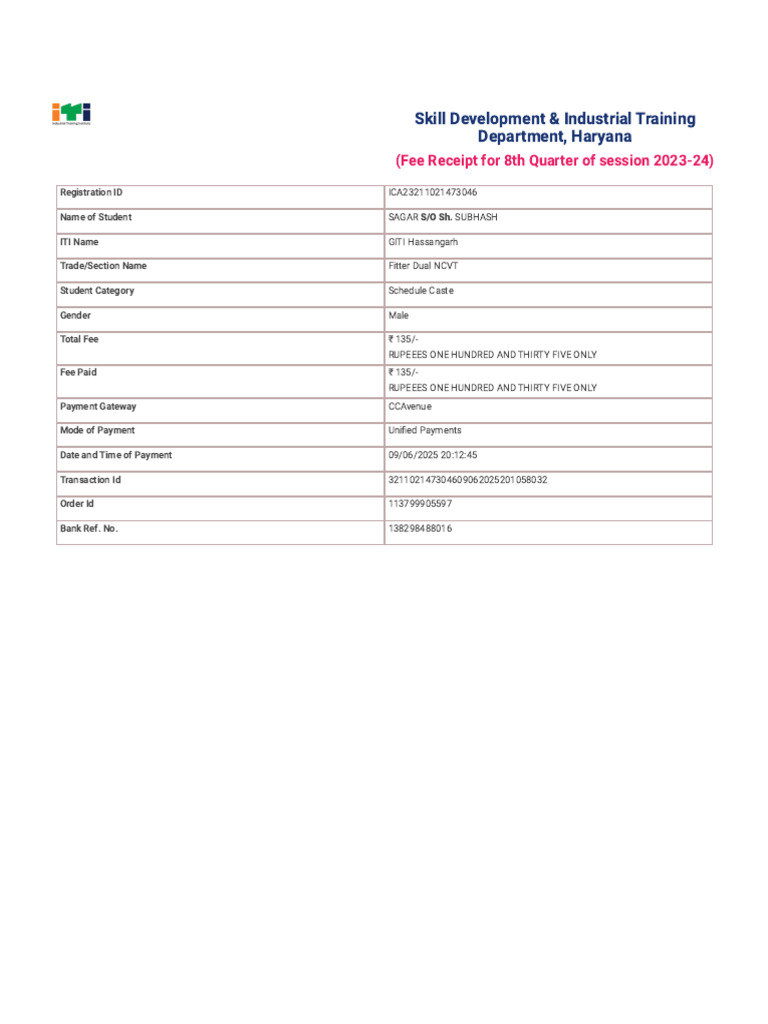 Fee Receipt for ITI Fitter Course 2023-24 | PDF