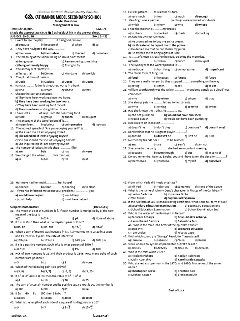Model Questions for Management & Law Exam | PDF
