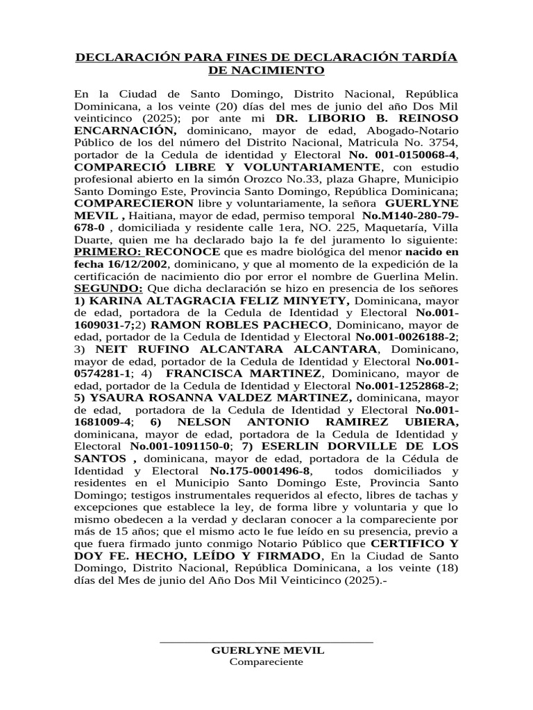 Declaración para Fines de Declaración Guerlyne Mevil | PDF | República ...