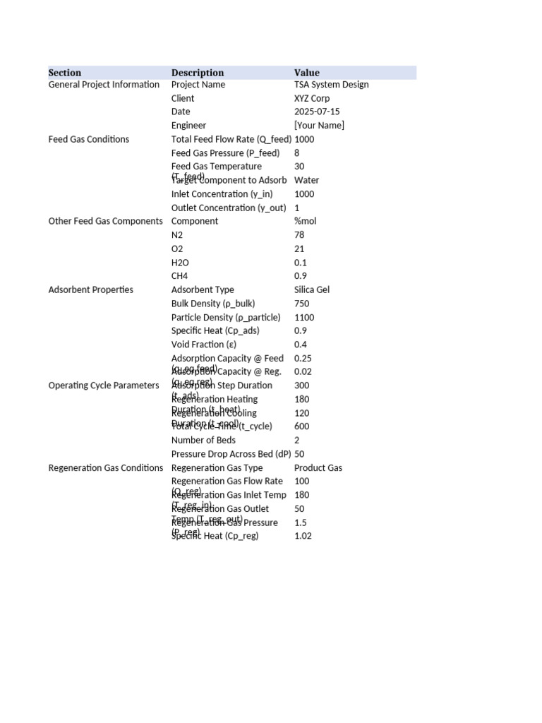 TSA Sizing Template | PDF | Adsorption | Gases
