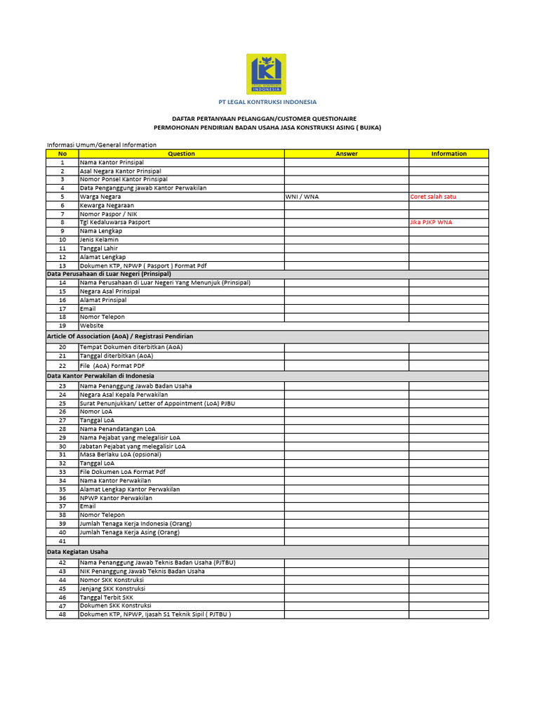 Formulir Pendirian Badan Usaha Konstruksi | PDF