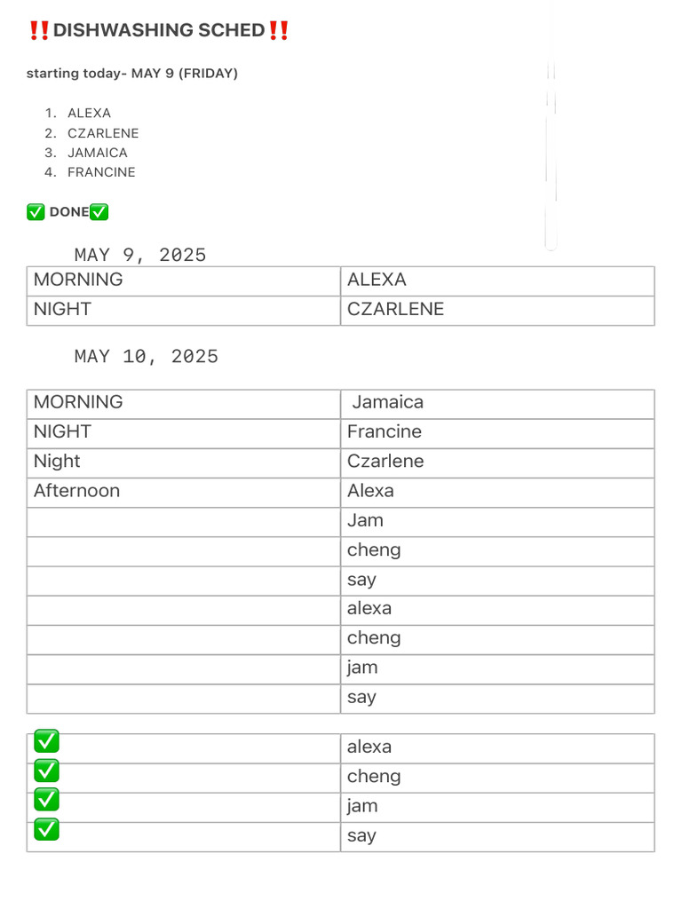 Dishwashing Schedule May 2025 | PDF