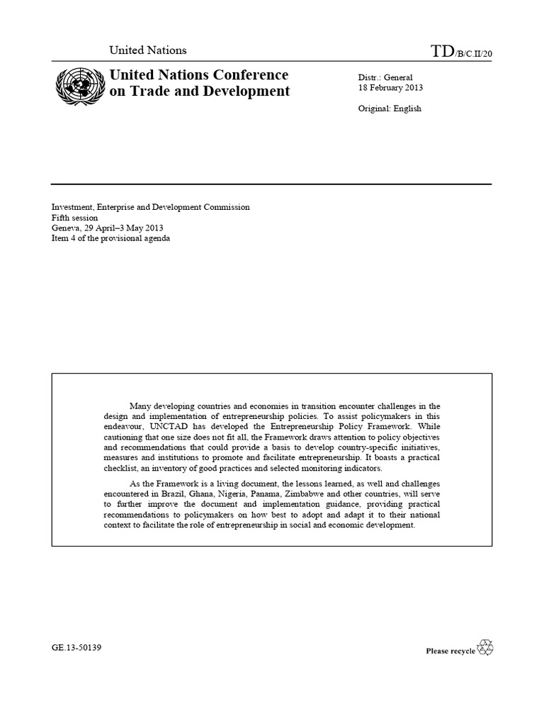UNCTAD Entrepreneurship Policy Framework | PDF | Entrepreneurship ...