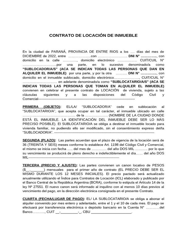 Subcontrato de Locacion Inmueble | PDF