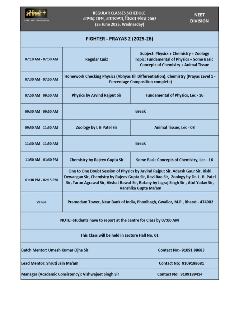 Regular Class Schedule Fighter - Prayas 2 (25!06!2025) | PDF