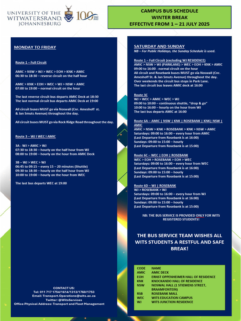 Wits Bus Schedule July 2025 | PDF | Workweek And Weekend | Public Transport