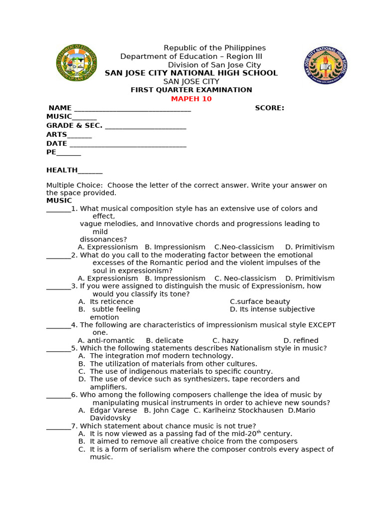 MAPEH 10 First Quarter Exam 2025 | PDF | Physical Fitness | Paintings