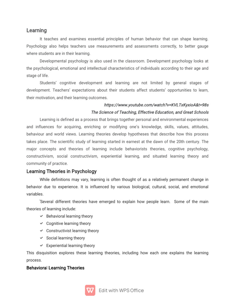 Learning Theories in Psychology (ver 2) | PDF | Learning Theory ...