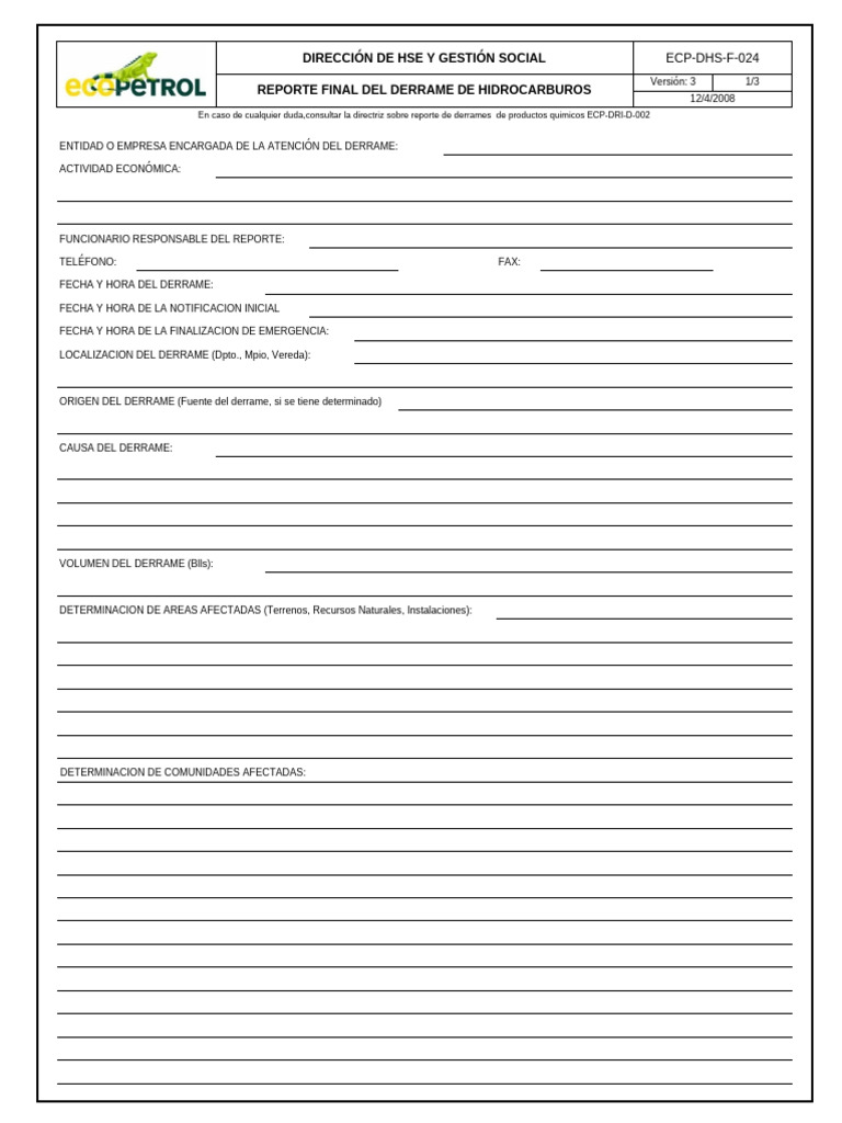 ECP-DHS-F-024 Reporte Final de Derrame de Hidrocarburos | PDF