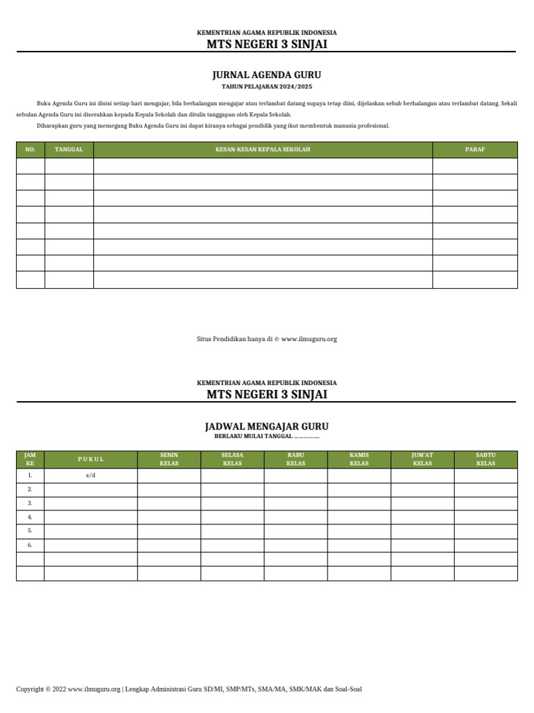 Agenda dan Jurnal Mengajar MTS 2024/2025 | PDF