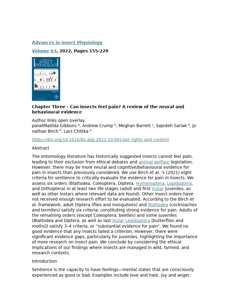 Insect Pain: Evidence and Ethics Review | PDF | Pain | Insects